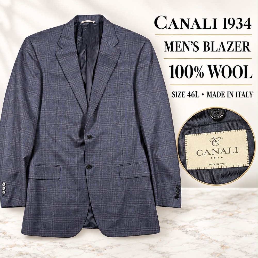 Canali Sport Coat Mens 46L Blue Plaid Windowpane Wool 2-Button Blazer Made Italy